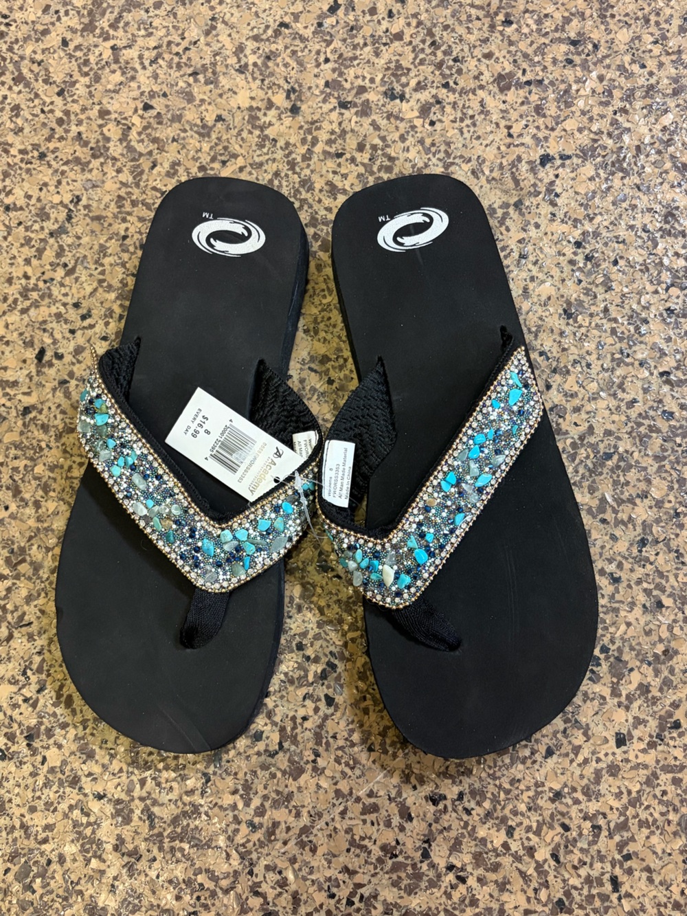 Black Sandal Flip Flops with Turquoise Crystal Straps